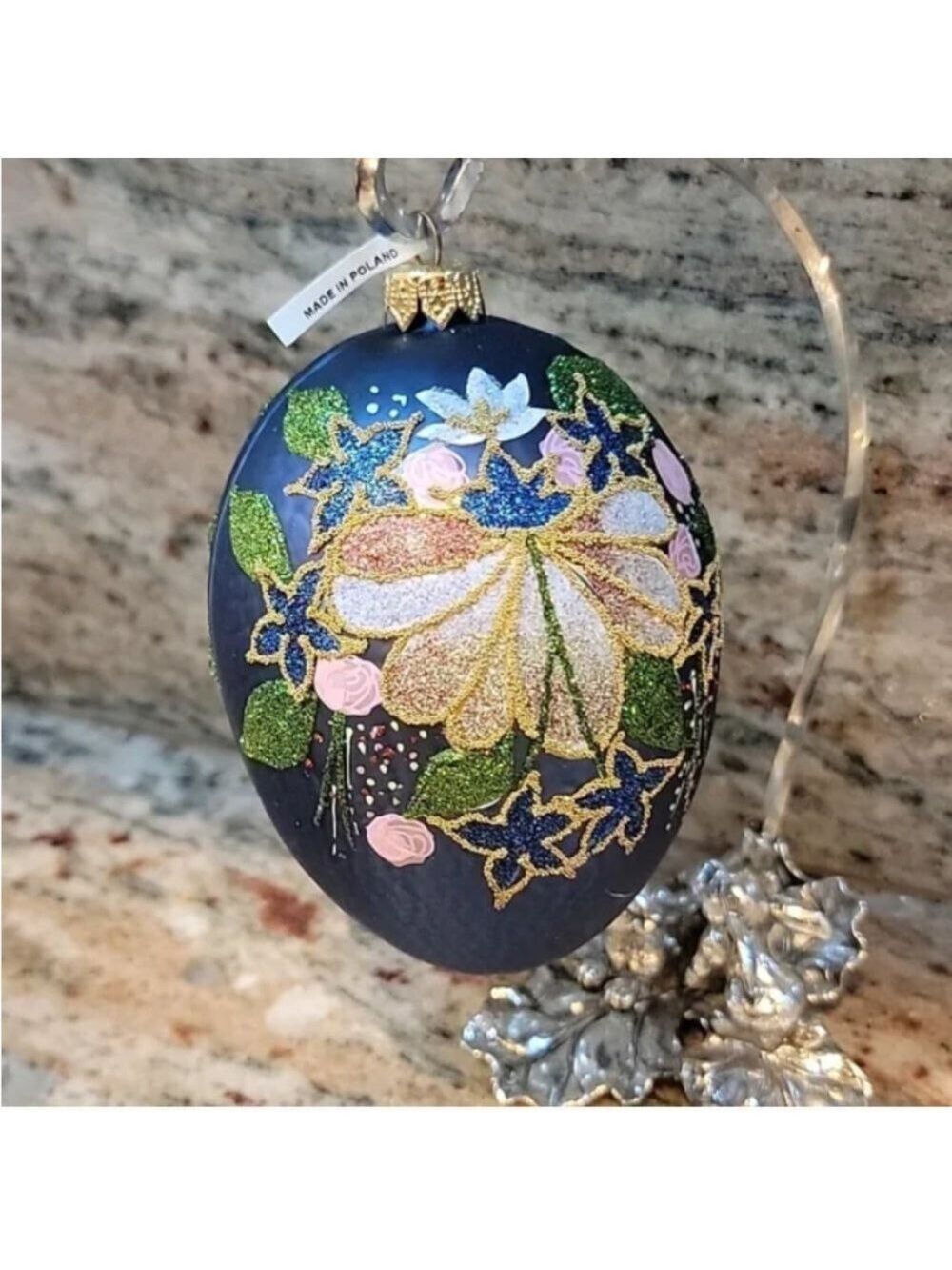 Set of 2 Polish Egg Shaped glass blown floral ornaments